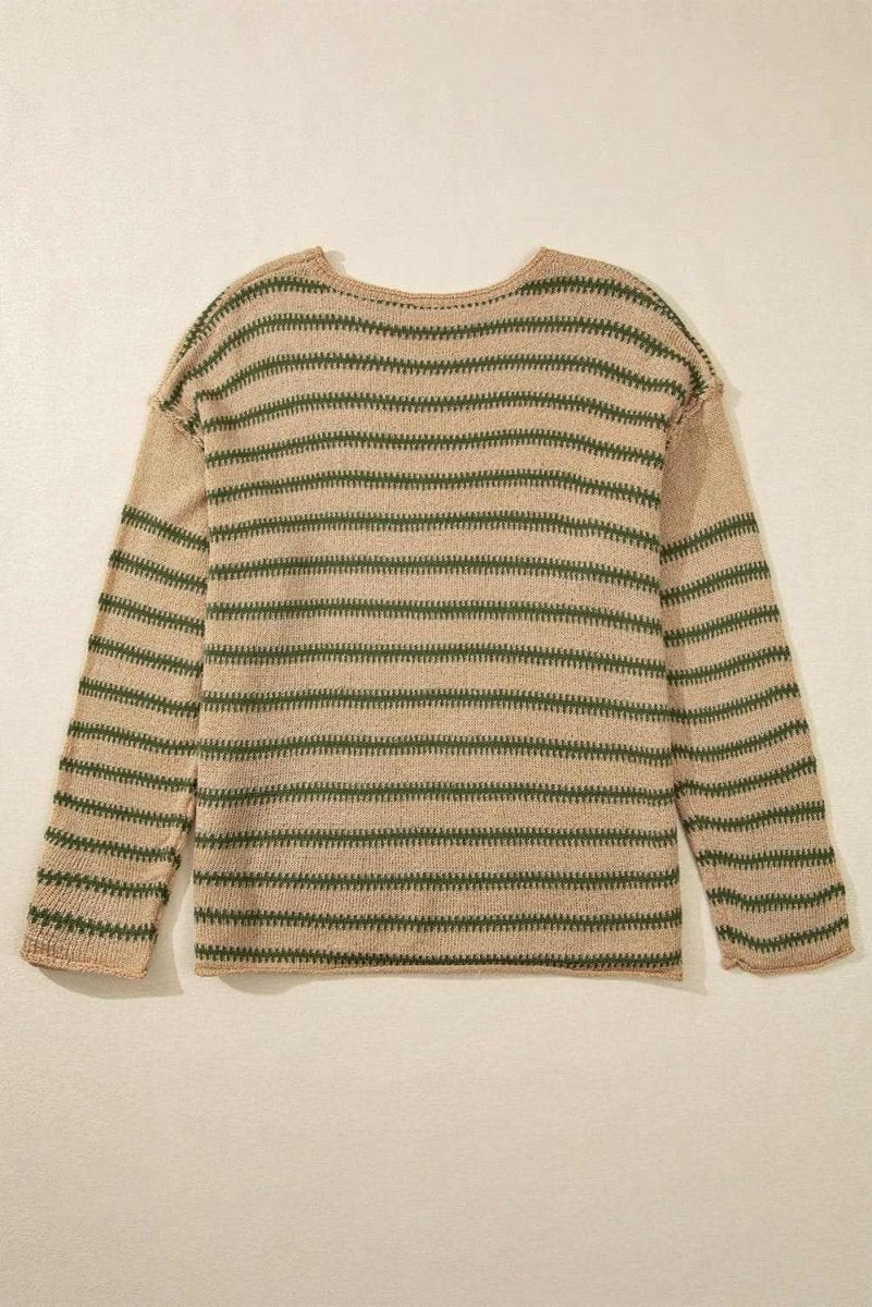Khaki Stripe Drop Shoulder Casual Sweater - Love Salve